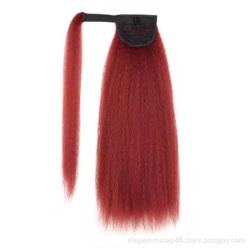 Aodal Long Ponytail Hair Extension Kinky Straight Yaki Synthetic Hairpiece Wrap In Clip Hair Extensions Pony Tail Natural Color